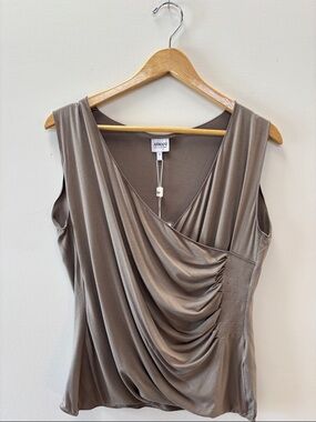 Armani Collezioni Taupe Asymmetrical Draped Sleeveless Top
